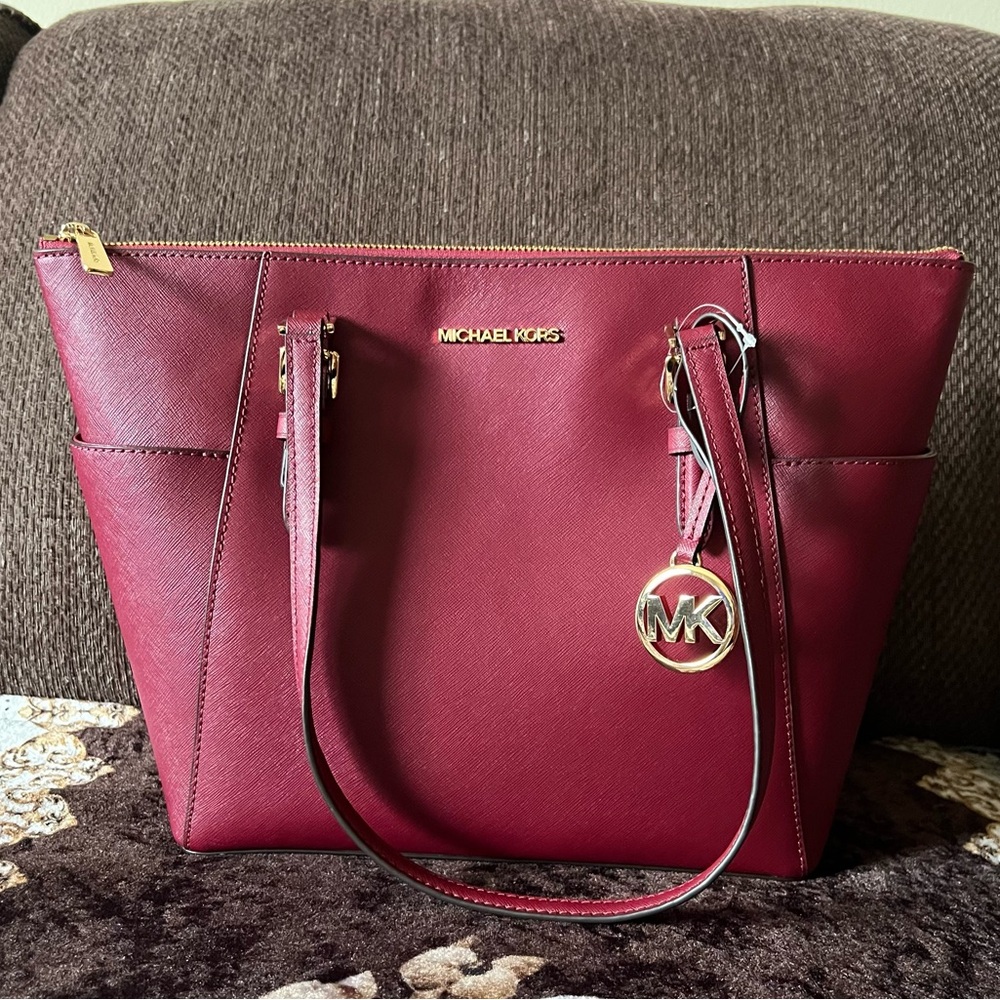 MICHAEL KORS Charlotte Mulberry Leather Gold-Tone Hardware Tote Shoulder Bag NWT